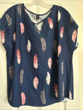SHEIN Navy Feather Print Short Sleeve Blouse